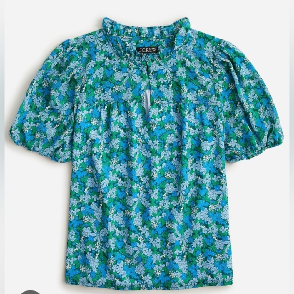 J. Crew - NEW - Ruffle-trim short-sleeve top in hyacinth fields. Kelly Green